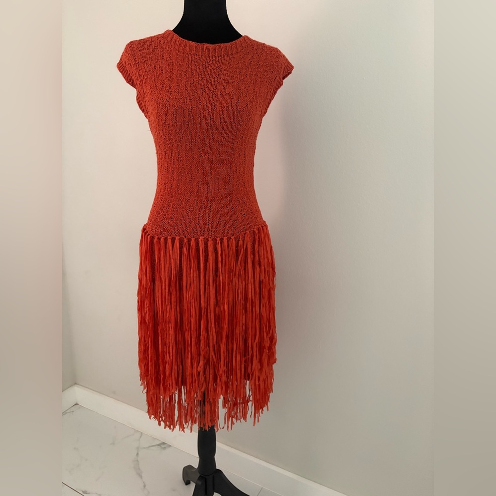 Vici Orange Knit Fringe Mini Dress